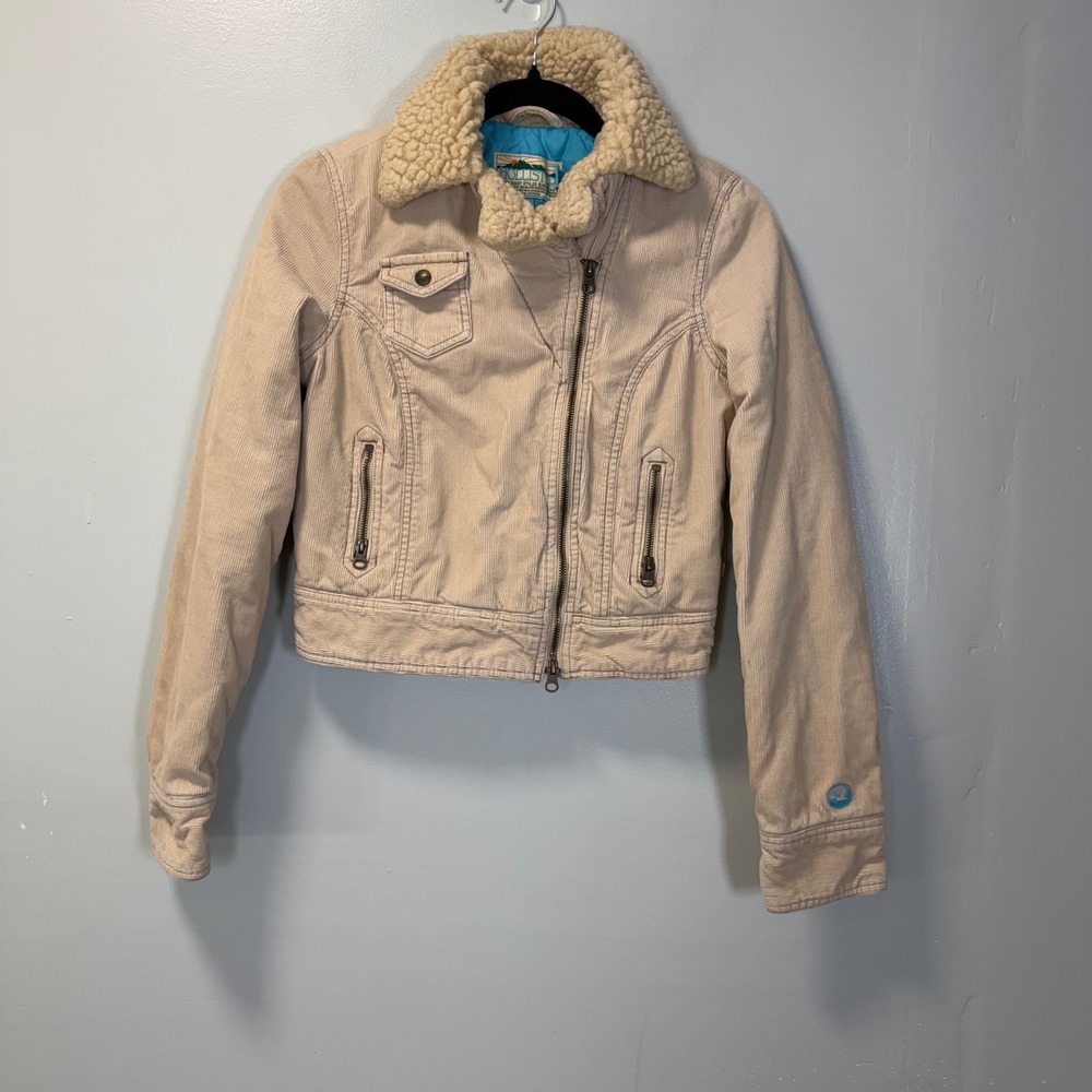 Hollister Womens Tan Cream Corduroy Sherpa Collar Moto Jacket Vintage Y2K Small